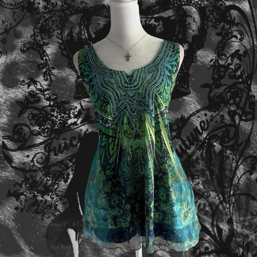 peacock pastel lime green ombre to teal and sky blue fairy boho glam sequin top